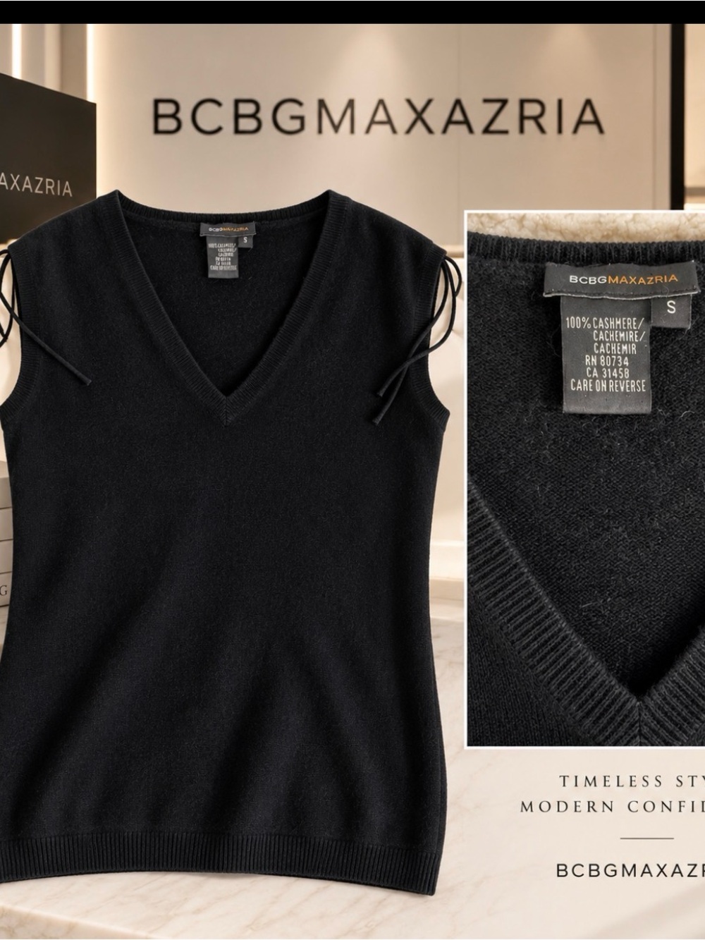 BCBGMaxAzria Black Sleeveless V-Neck Cashmere Sweater